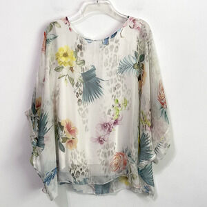 Belle France Bat‎ Wing Popover Top Shirt S Silk Overlay Tank Floral Summer Party